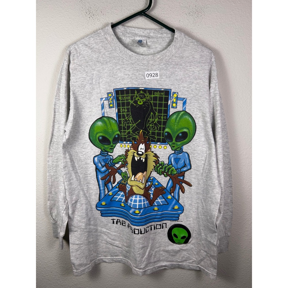 Vintage 1997 Taz The Abduction Alien Looney Tunes Long Sleeve Shirt Gray M USA